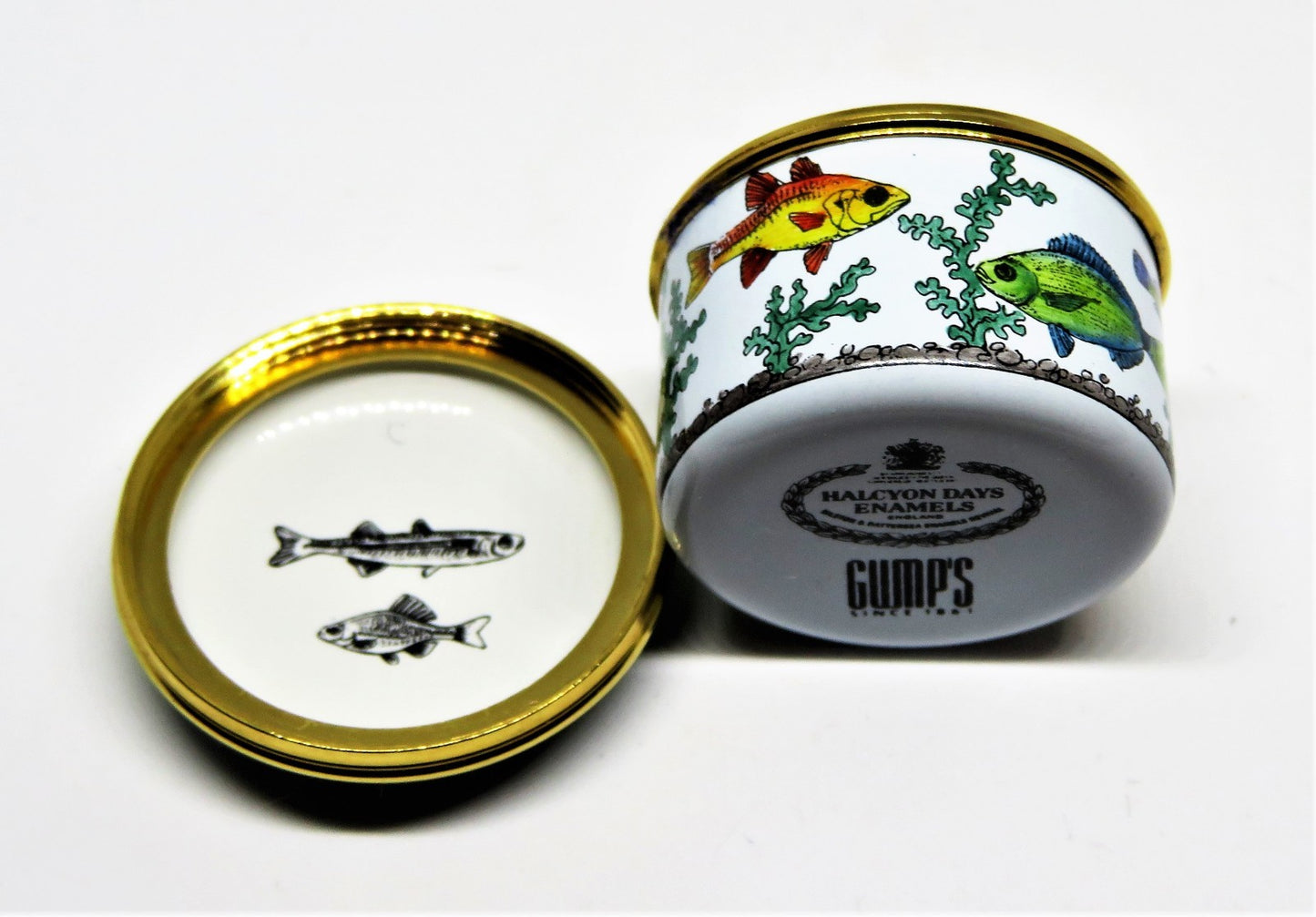 HALCYON DAYS ENAMEL BOX- "EAT, SLEEP, FISH" - FISHING - SEAWEED - GUMP'S - GUMPS