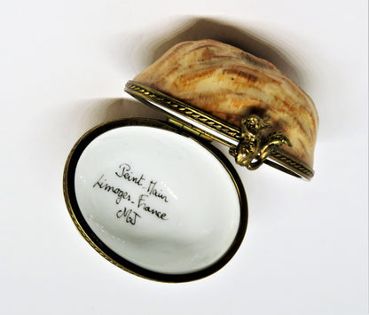 LIMOGES FRANCE BOX - VINTAGE WALNUT SHELL - NUT - SQUIRREL CLASP - BRANCH INSIDE