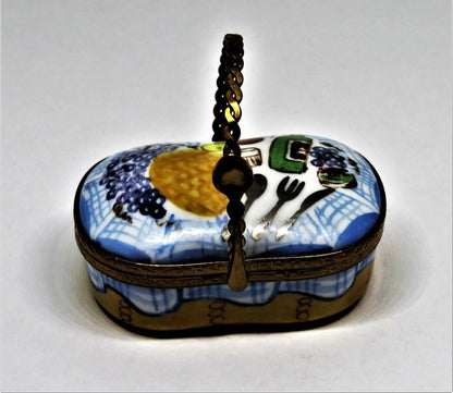 LIMOGES BOX - 'WICKER' PICNIC BASKET & SPOON CLASP - WINE, CHEESE & FRUIT