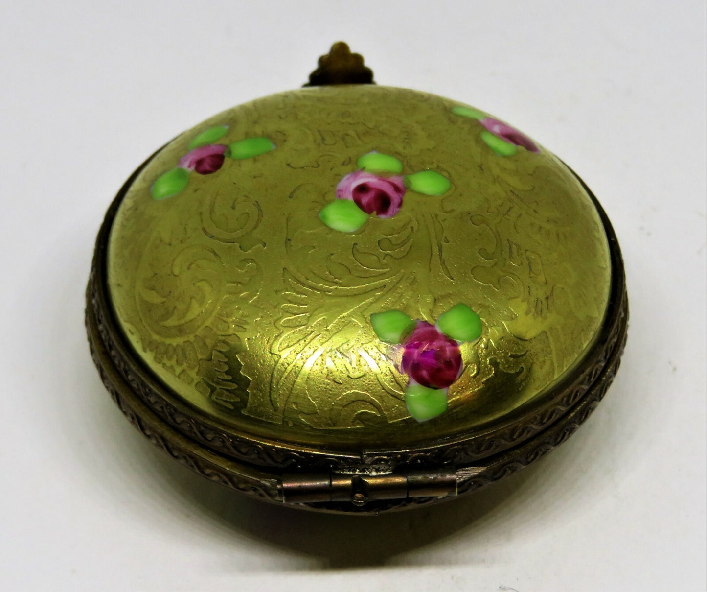 LIMOGES FRANCE BOX - VINTAGE GOLD INCRUSTATION COMPACT - FLOWERS - PINK ROSES