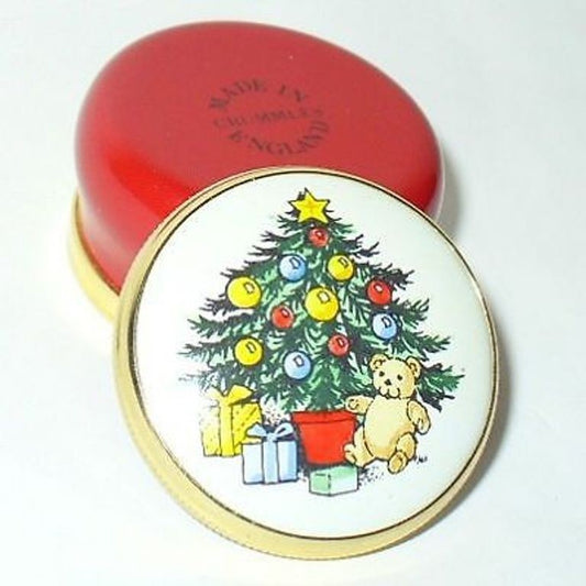 CRUMMLES ENGLISH ENAMEL BOX - VINTAGE CHRISTMAS TREE & TEDDY BEAR & PRESENTS