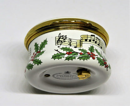 HALCYON DAYS ENAMEL MUSIC BOX - "WE WISH YOU A MERRY CHRISTMAS" - HOLLY - MIB