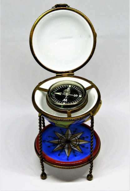 LIMOGES FRANCE BOX -PARRY-VIEILLE- WORLD GLOBE & METAL STAND - REMOVABLE COMPASS