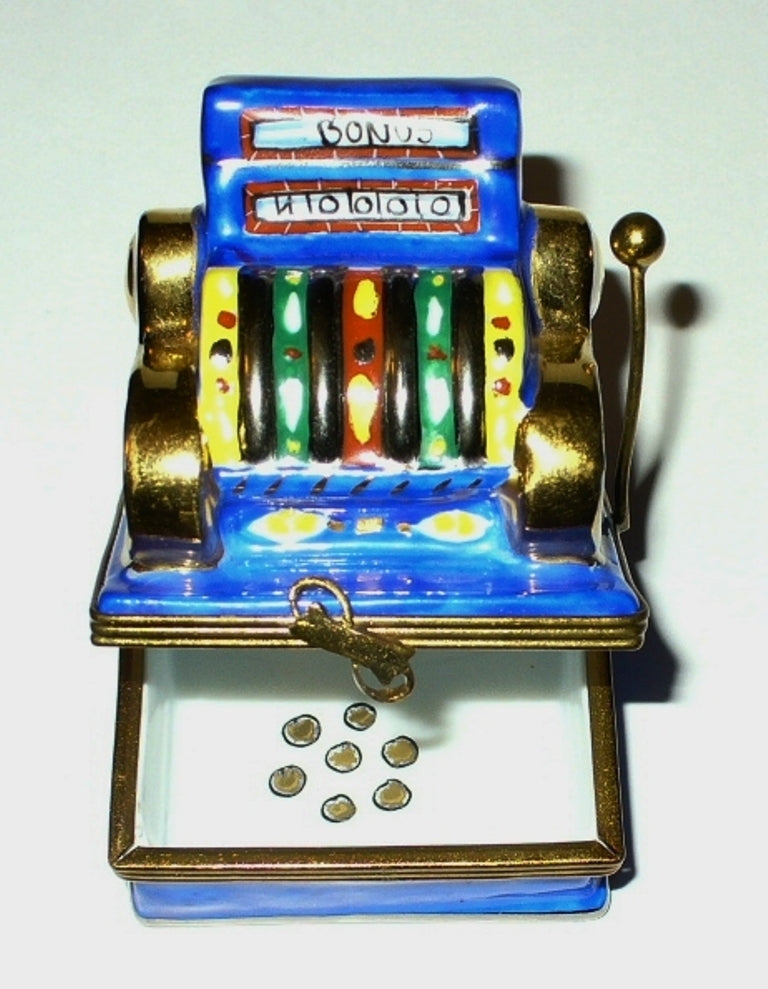 LIMOGES FRANCE BOX~ ANTIQUE SLOT MACHINE ~LAS VEGAS ONE-ARMED BANDIT~ PEINT MAIN