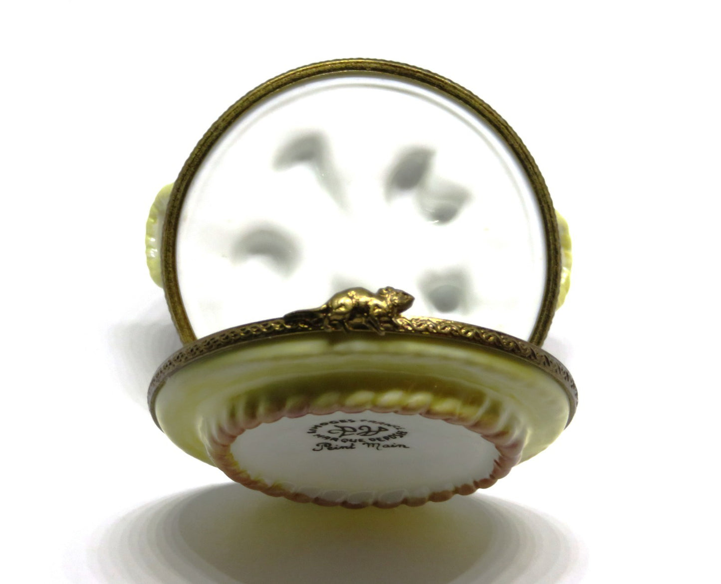 LIMOGES FRANCE BOX - PARRY-VIEILLE - DOMED GLASS CHEESE TRAY - MOUSE CLASP - COW