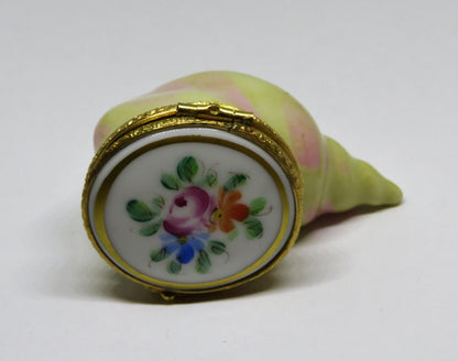 LIMOGES FRANCE BOX ~ SPIRAL SEA SHELL ~ FLORAL ~ FLOWERS ~ PEINT MAIN