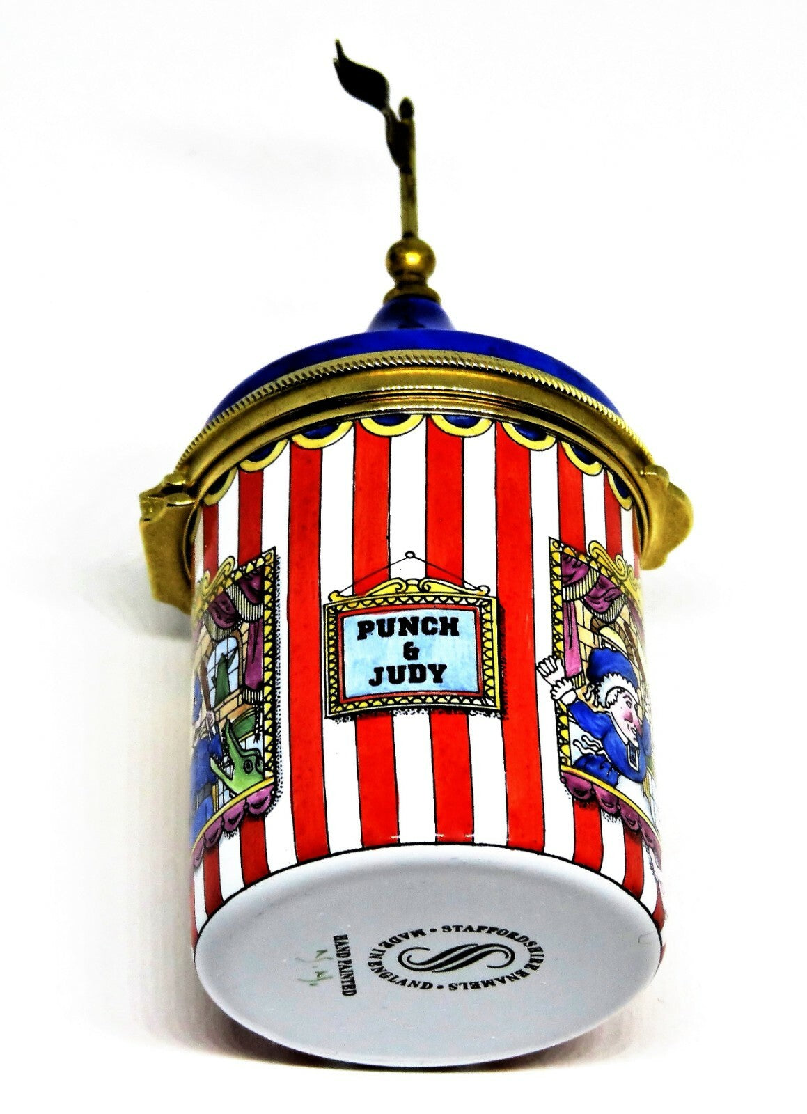 STAFFORDSHIRE ENGLISH ENAMELS BOX - STRIPED TENT WITH PUNCH & JUDY PUPPET SHOW