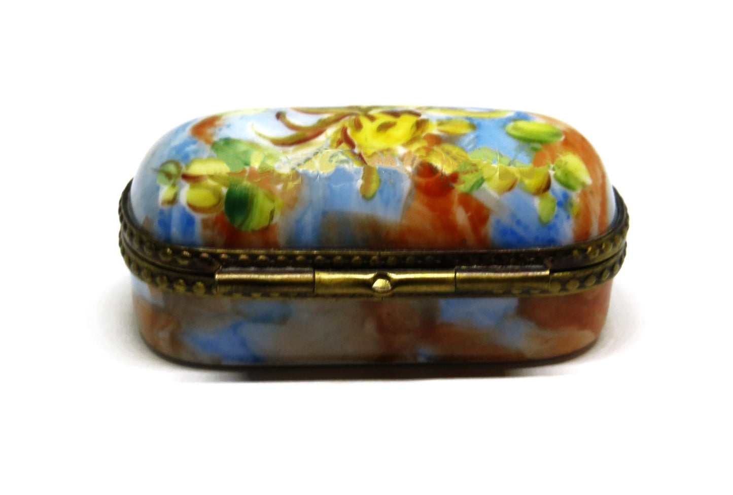 LIMOGES FRANCE - DUBARRY- SMALL FLORAL PIN BOX  - WATERCOLOR FLOWERS - RIBBONS