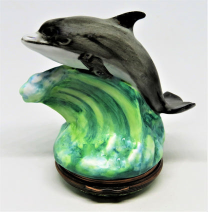 HALCYON DAYS ENGLISH ENAMEL BOX - DOLPHIN ON A WAVE BONBONNIERE - PORPOISE - MIB