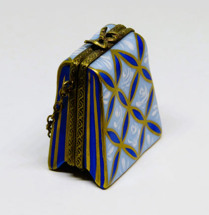 LIMOGES FRANCE BOX - PARRY-VIEILLE - TWO TONE BLUE PURSE & CHAIN - WHITE ROSES