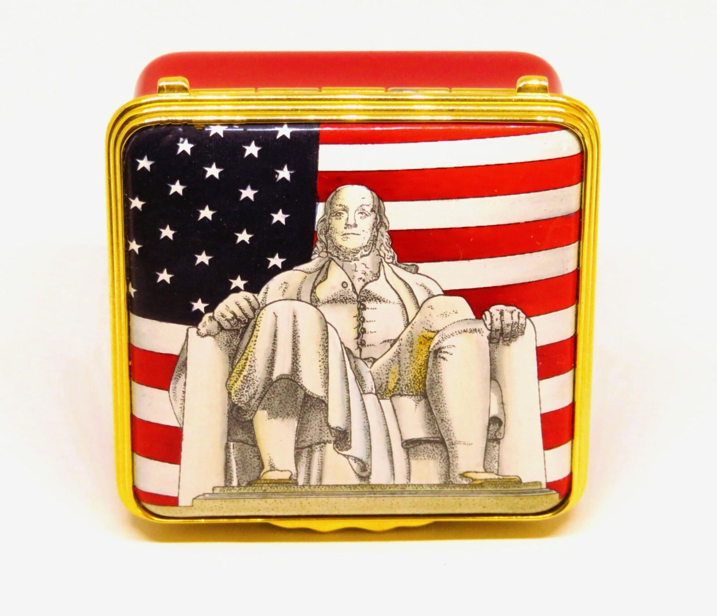 HALCYON DAYS ENGLISH ENAMEL BOX - BENJAMIN FRANKLIN & U. S. FLAG - PHILADELPHIA