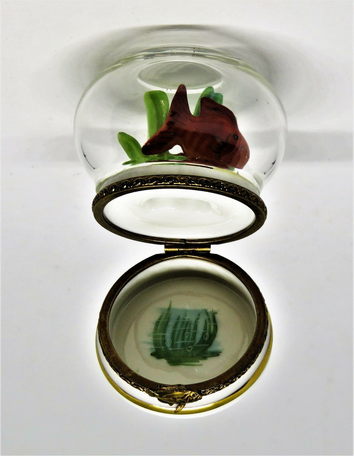LIMOGES FRANCE BOX - ROCHARD - GOLDFISH IN A GLASS FISH BOWL - CORAL & PEBBLES