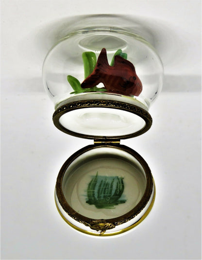 LIMOGES FRANCE BOX - ROCHARD - GOLDFISH IN A GLASS FISH BOWL - CORAL & PEBBLES