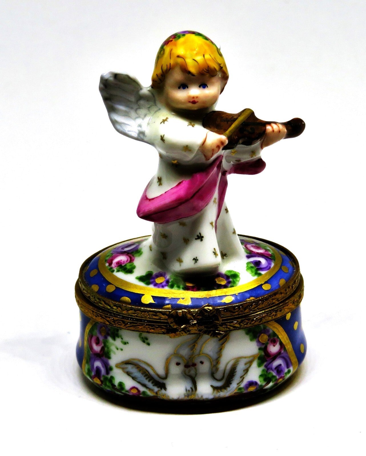 LIMOGES FRANCE BOX - CHRISTMAS - ANGEL & VIOLIN - FLOWERS & DOVES & STARS