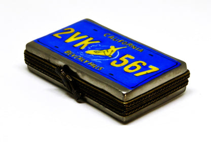 LIMOGES FRANCE BOX~ CALIFORNIA LICENSE PLATE ~ MAN ON A SURFBOARD ~ GOLDEN STATE
