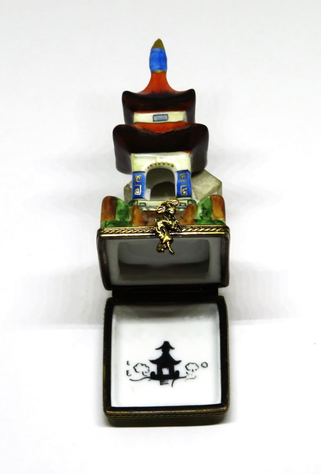 LIMOGES FRANCE BOX - LIMOGES IMPORTS - ASIAN PAGODA & FENCE - LADY & PARASOL