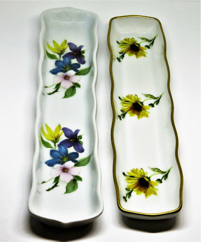 LIMOGES FRANCE - TWO RELISH TRAYS - TRINKET DISH - FLOWERS - ROCHARD