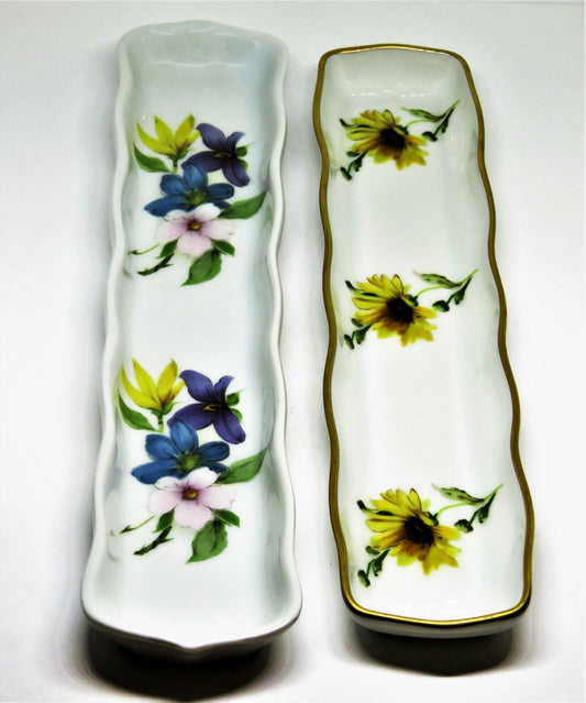 LIMOGES FRANCE - TWO RELISH TRAYS - TRINKET DISH - FLOWERS - ROCHARD