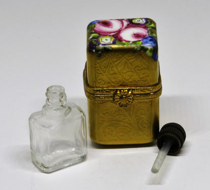 LIMOGES BOX - SMALL GOLD INCRUSTATION CHEST & PERFUME BOTTLE - FLOWERS - ROSES