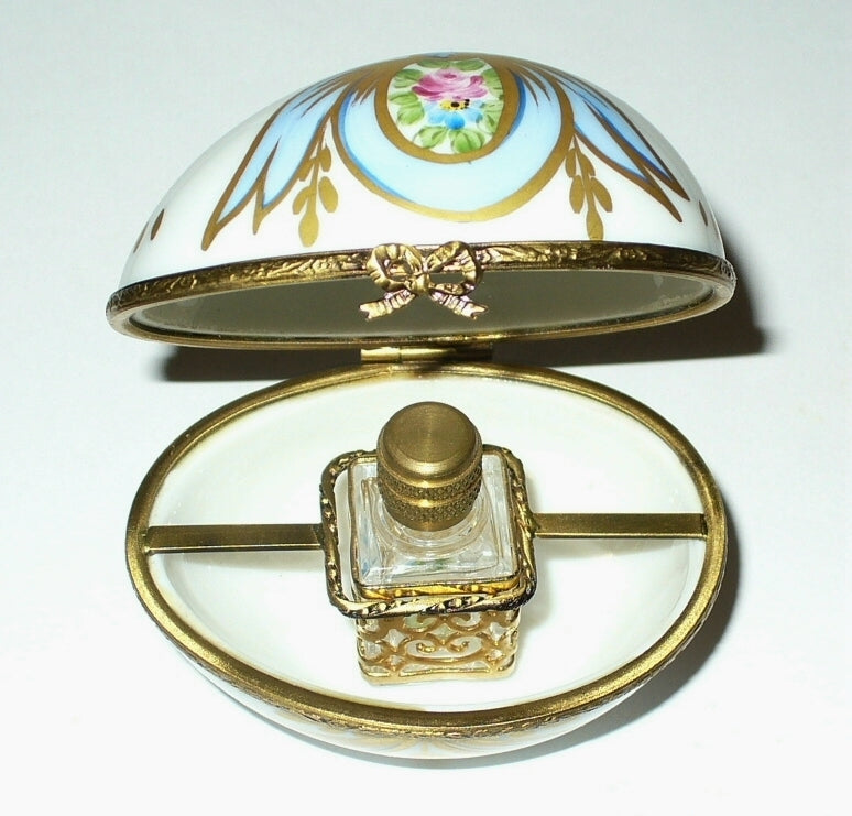 LIMOGES FRANCE BOX - FLORAL EGG - PINK ROSES & RIBBONS & PERFUME BOTTLE  - GR