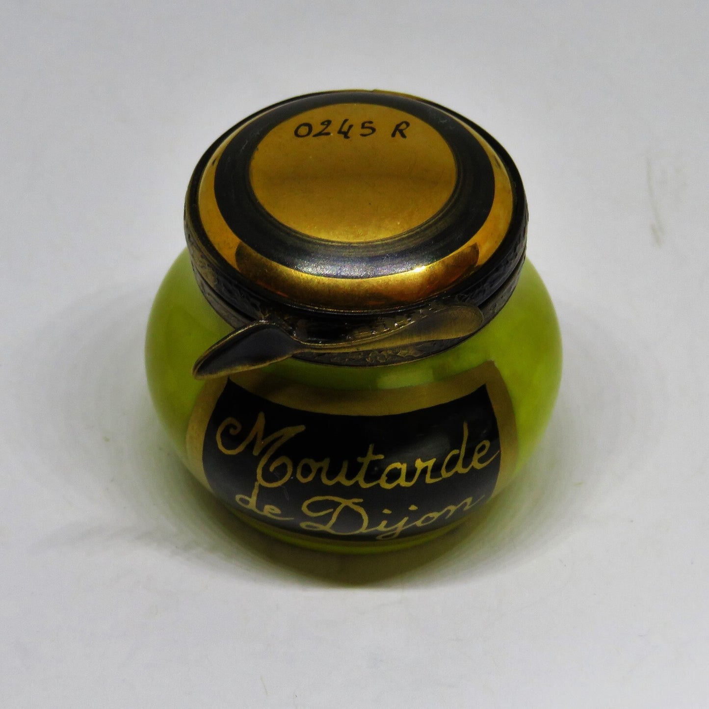 LIMOGES FRANCE BOX ~ EXIMIOUS ~ JAR OF DIJON FRENCH MUSTARD & SPOON ~ PEINT MAIN