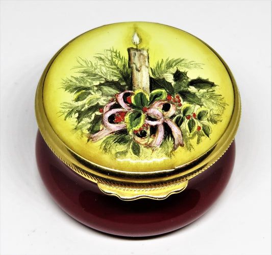 HOUSE OF ASHLEY - ENGLISH ENAMEL BOX - CANDLE & HOLLY - CHRISTMAS 1995 - MIB