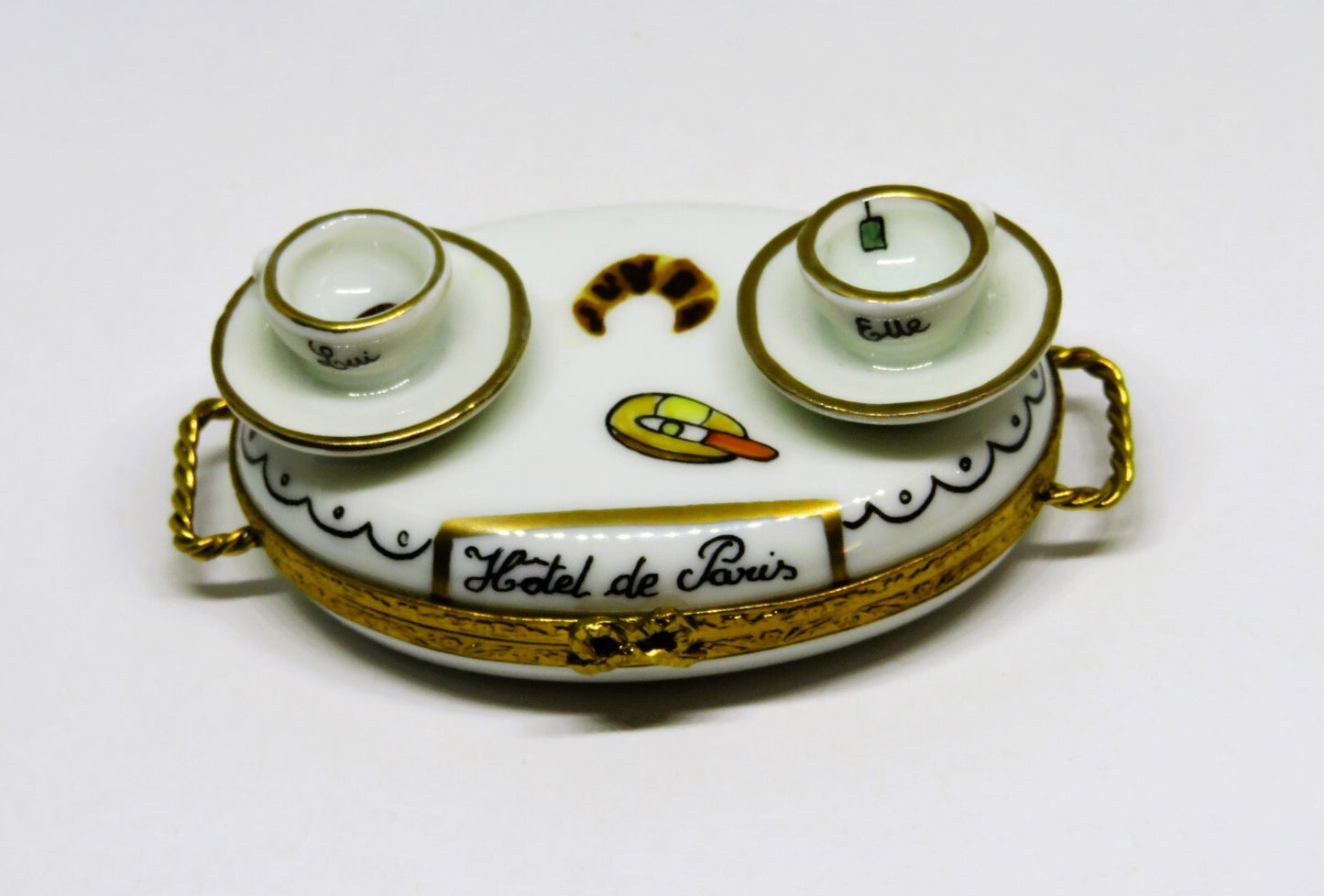 LIMOGES BOX- "HOTEL DE PARIS" BREAKFAST SERVING TRAY - CUPS & CHEESE & CROISSANT