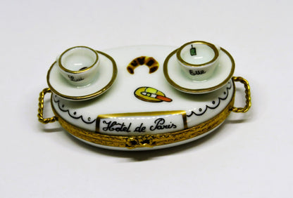 LIMOGES BOX- "HOTEL DE PARIS" BREAKFAST SERVING TRAY - CUPS & CHEESE & CROISSANT