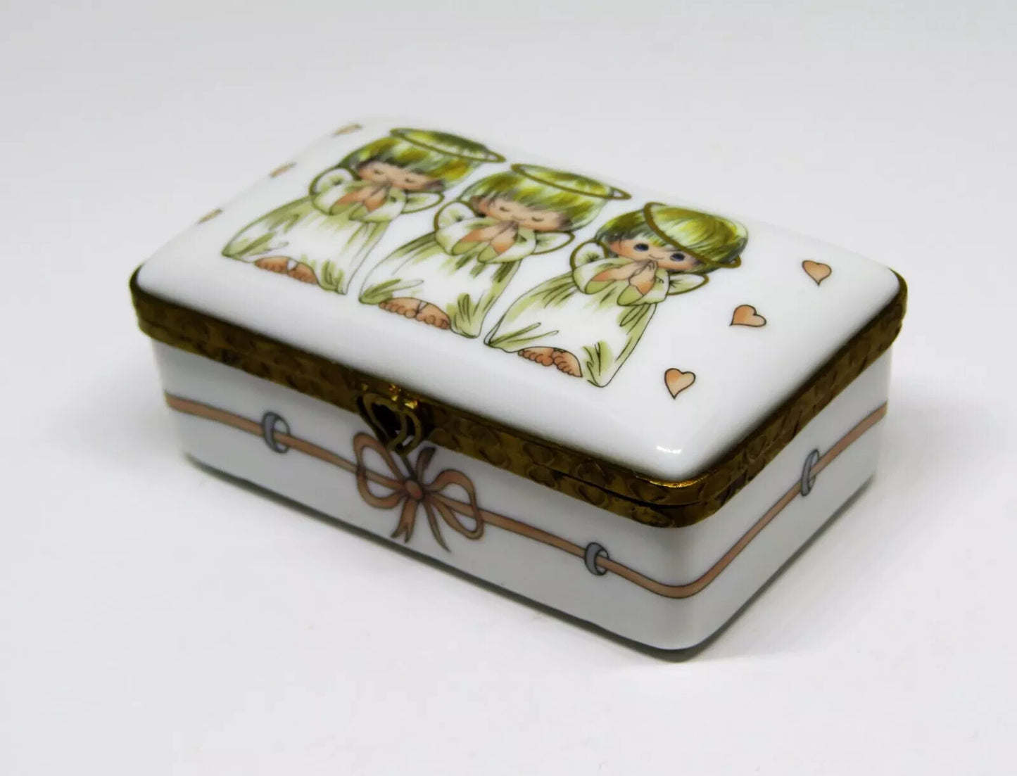 LIMOGES FRANCE BOX ~ ROCHARD ~ 3 LITTLE ANGELS ~ PINK HEARTS ~ "GOD BLESS YOU!"