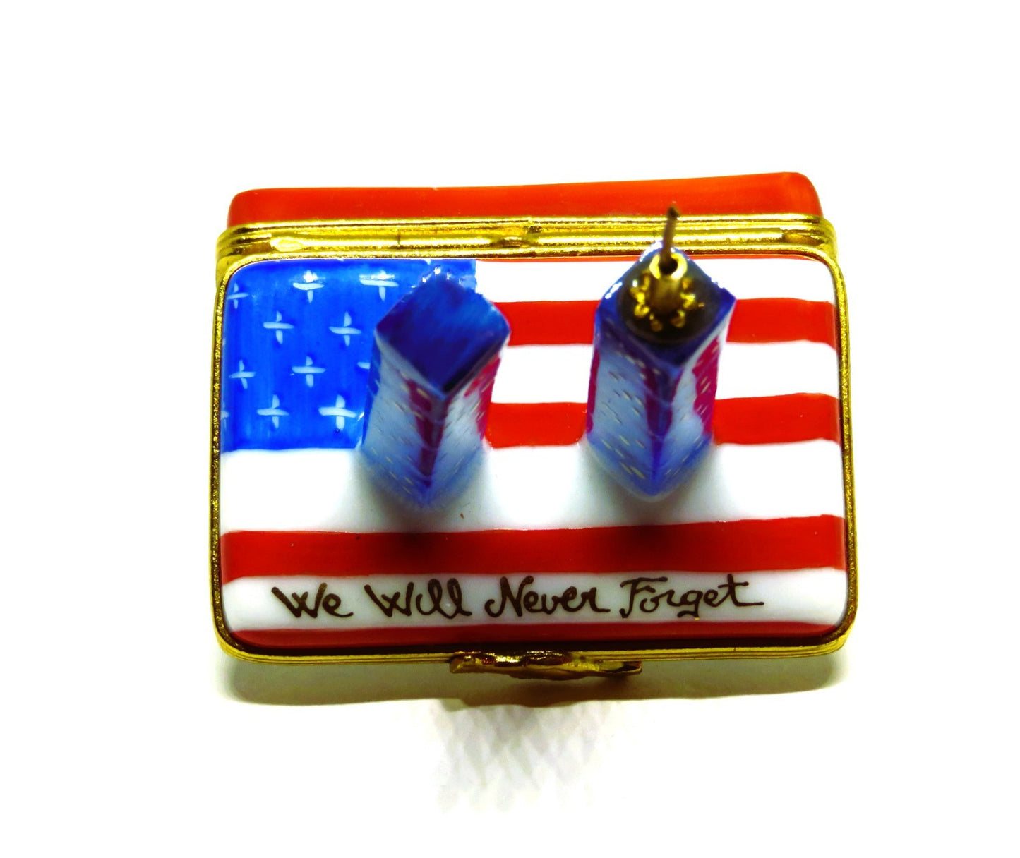 LIMOGES FRANCE BOX- TWIN TOWERS & UNITED STATES FLAG - 911 REMEMBRANCE - 238/750
