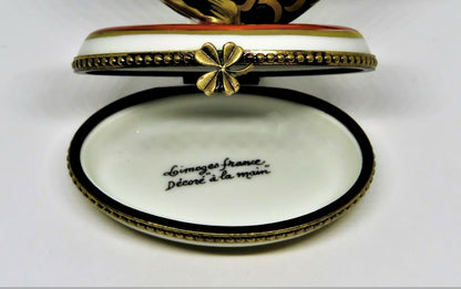 LIMOGES FRANCE BOX - BLACK & GOLD TROPICAL FISH - LUCKY FOUR LEAF CLOVER CLASP