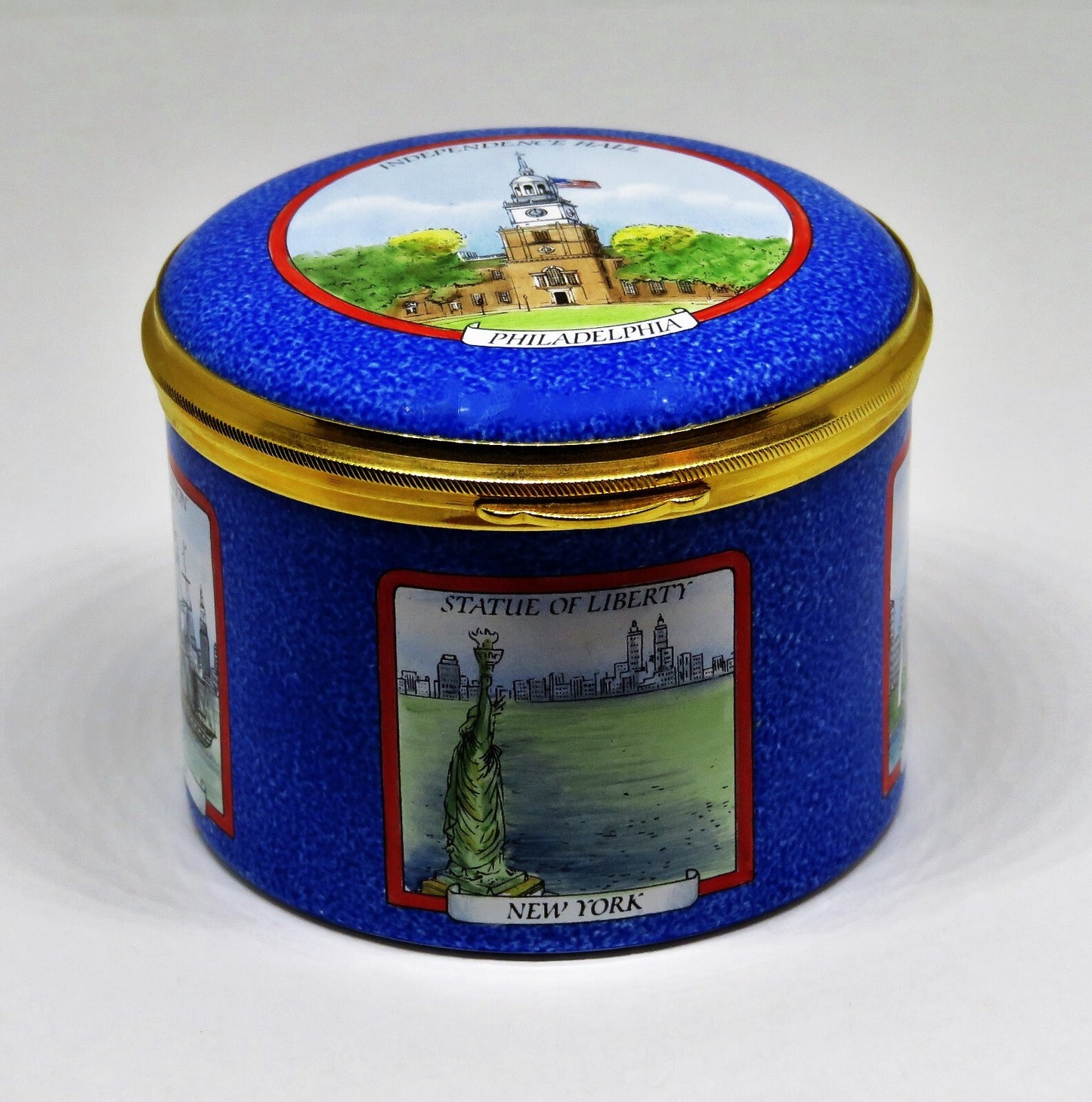STAFFORDSHIRE ENGLISH ENAMEL BOX - U. S. LANDMARKS - STATUE OF LIBERTY - CAPITOL