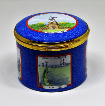 STAFFORDSHIRE ENGLISH ENAMEL BOX - U. S. LANDMARKS - STATUE OF LIBERTY - CAPITOL