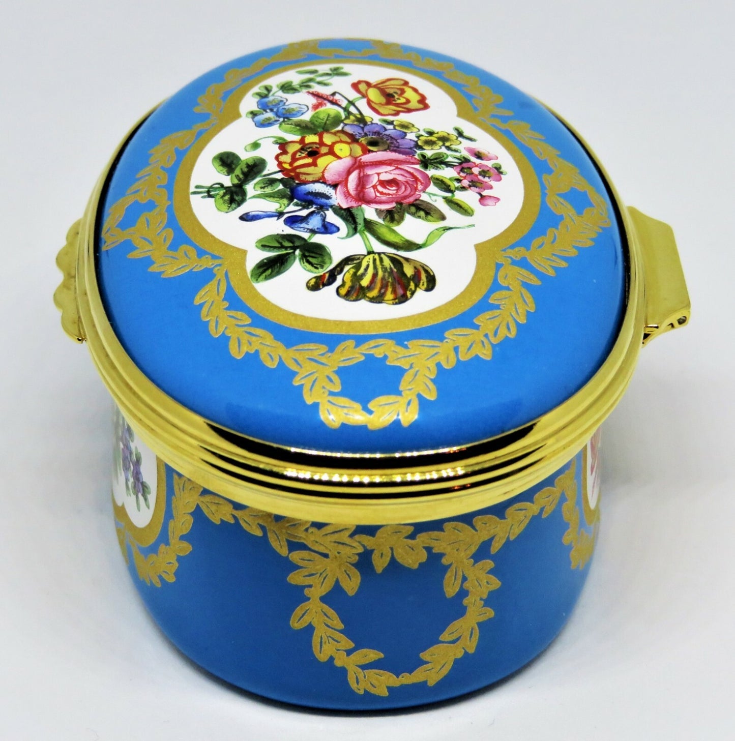HALCYON DAYS ENGLISH ENAMEL BOX - FLORAL - SEVRES PORCELAIN PLAQUE 1780 - MIB