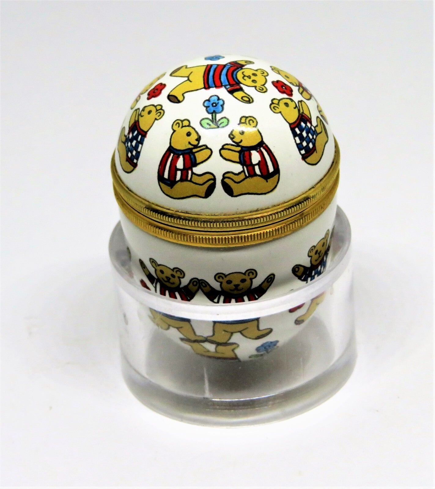 HALCYON DAYS ENAMEL BOX - EGG WITH TEDDY BEARS IN T-SHIRTS - FLOWERS