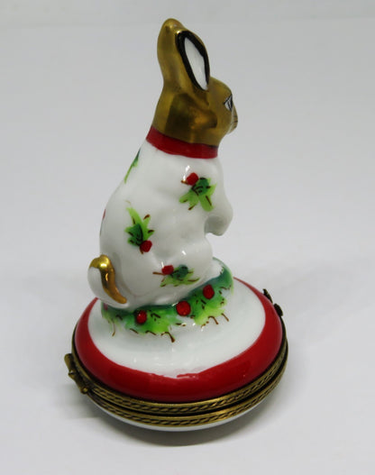 LIMOGES FRANCE BOX - CHAMART - WHITE BUNNY & RED BOW & HOLLY - FIRST CHRISTMAS