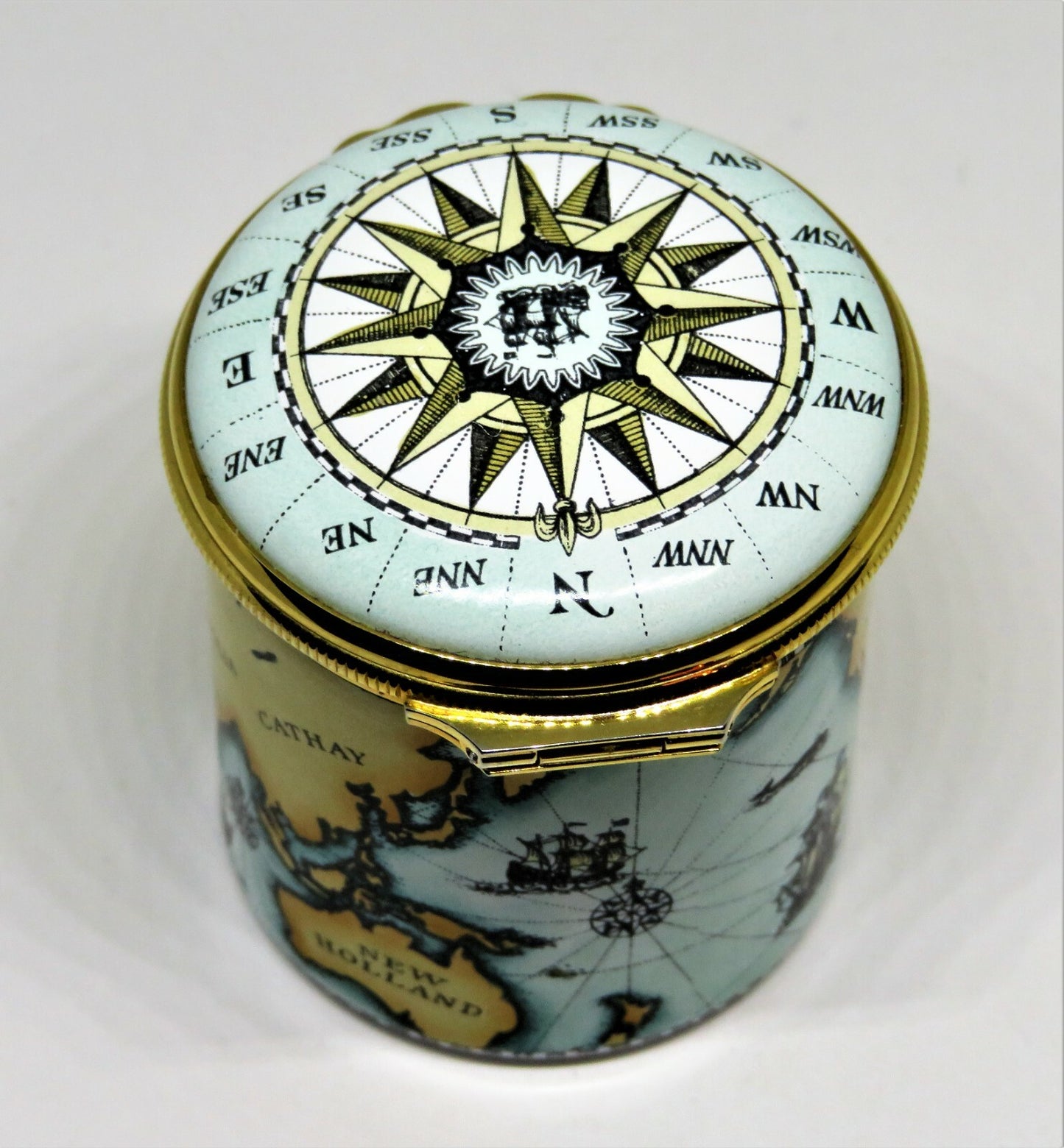 HALCYON DAYS ENAMEL BOX - ANTIQUE NAUTICAL MAP - MASTED SAILING SHIPS - COMPASS