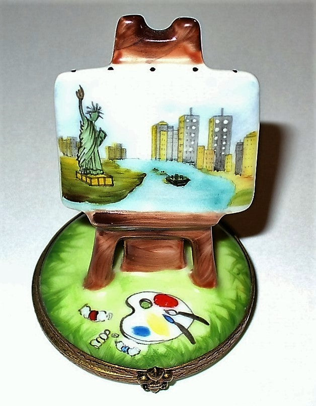 LIMOGES BOX -NEW YORK CITY PAINTING ON AN EASEL- TWIN TOWERS & STATUE OF LIBERTY