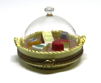 LIMOGES FRANCE BOX - PARRY-VIEILLE - DOMED GLASS CHEESE TRAY - MOUSE CLASP - COW