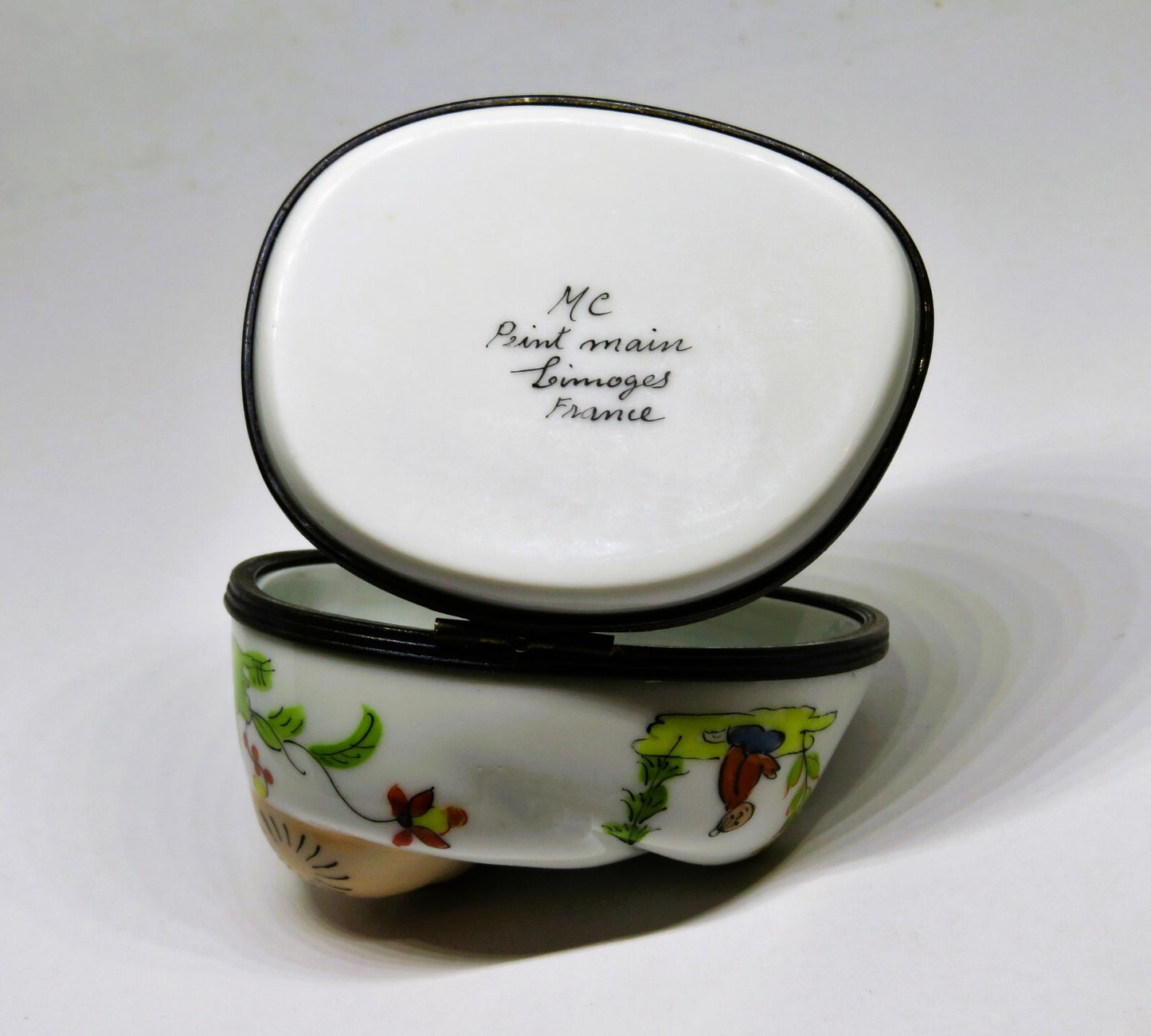 LIMOGES FRANCE BOX - RECLINING BUDDHA - FLOWERS & BUTTERFLY & ASIAN MAN - "MC"