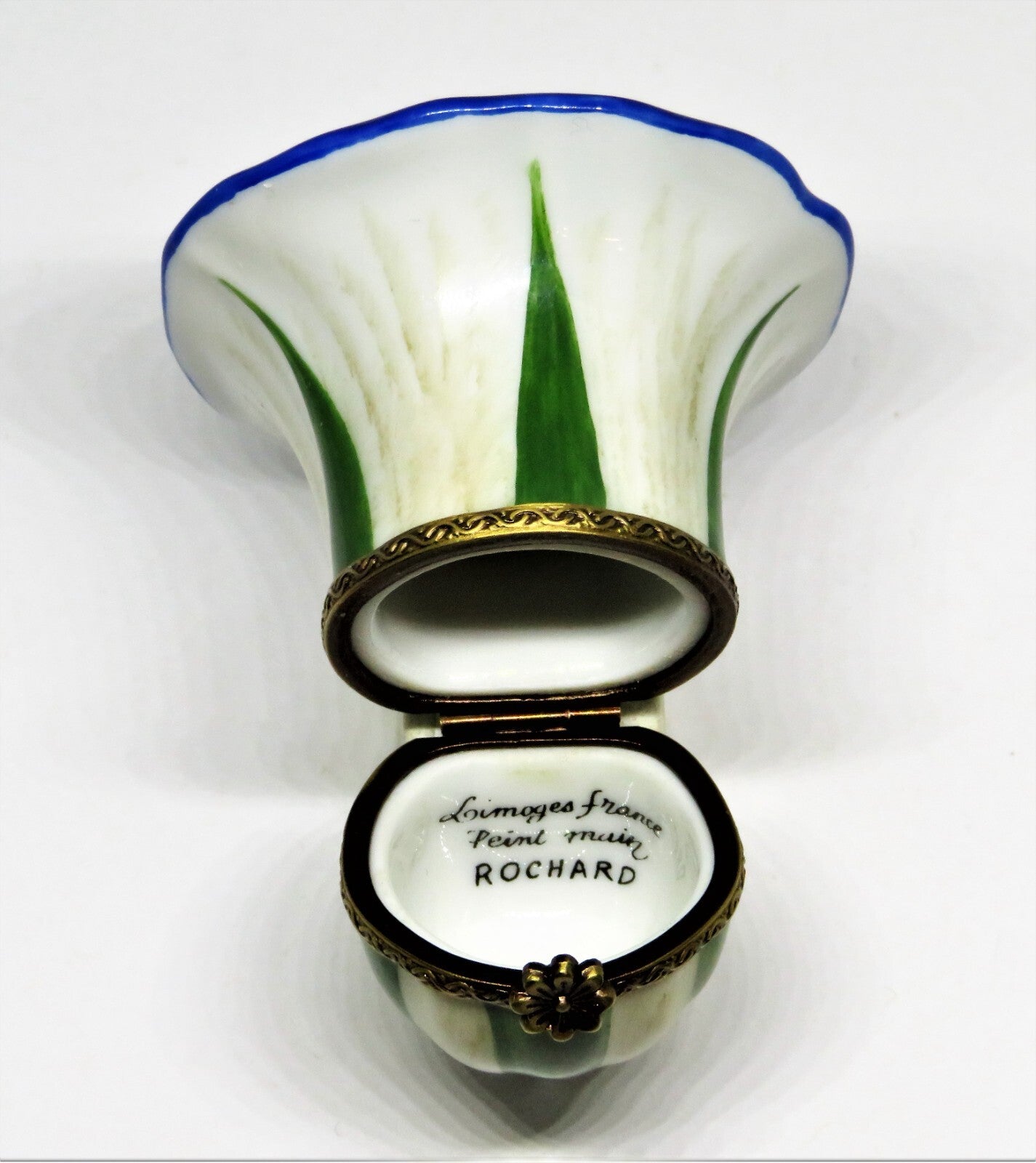 LIMOGES FRANCE BOX - ROCHARD - BLUE MORNING GLORY - STEM & LEAVES - FLOWERS
