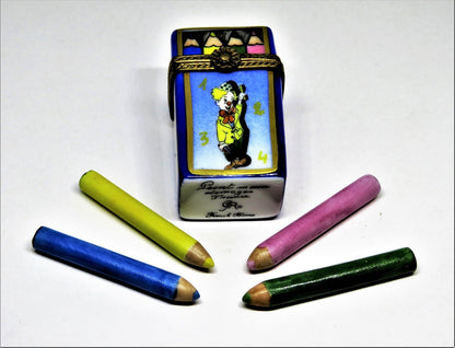 LIMOGES BOX OF CRAYONS -GR- 4 REMOVABLE COLORED PENCILS -SCHOOL- CLOWN & FLOWERS