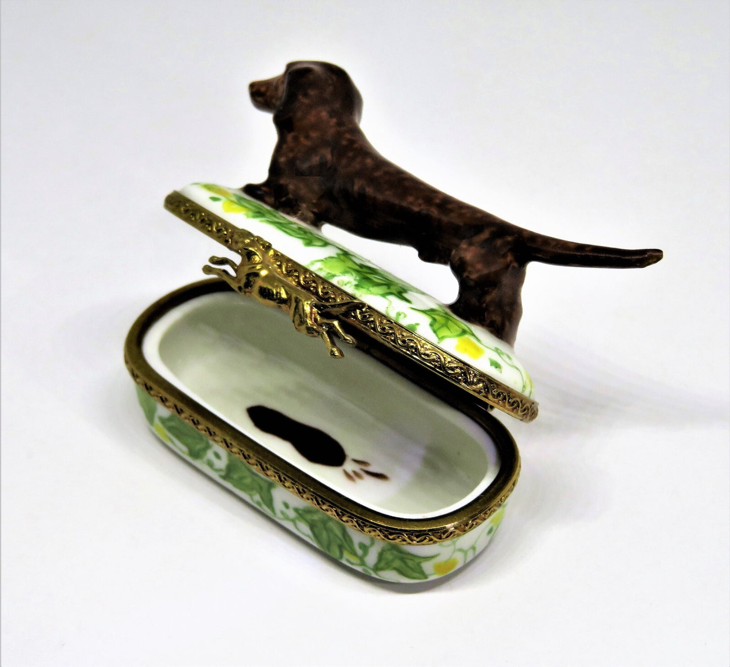 LIMOGES FRANCE - BROWN DACHSHUND DOG & PIN SHAPED BOX - LEAVES & FLOWERS - PUPPY