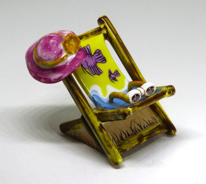 LIMOGES BOX - SINCLAIR - BEACH CHAIR & FISH - 'STRAW' HAT & FLOWER & SUNGLASSES