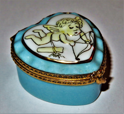 LIMOGES FRANCE BOX ~ BLUE RUFFLED HEART ~ CUPID & BOW & ARROW ~ ANNIVERSARY
