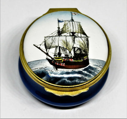 HALCYON DAYS ENAMEL BOX -GODSPEED ANTIQUE SAILING SHIP- JAMESTOWN VIRGINIA 1607