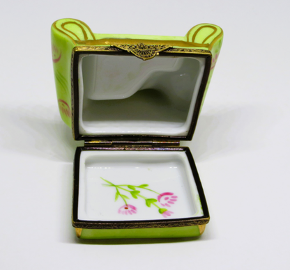 LIMOGES BOX - COMFORTABLE GREEN READING CHAIR & PILLOW - PINK FLOWERS