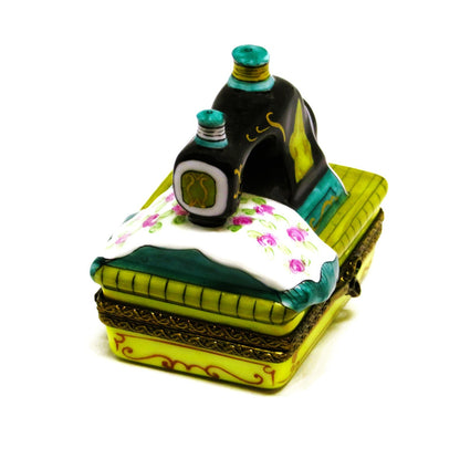 LIMOGES FRANCE BOX - ANTIQUE SEWING MACHINE & ROSE FABRIC -SCISSORS & THREAD- LE