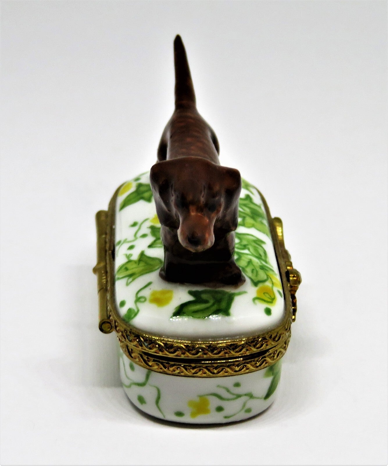 LIMOGES FRANCE - BROWN DACHSHUND DOG & PIN SHAPED BOX - LEAVES & FLOWERS - PUPPY
