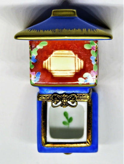 LIMOGES FRANCE BOX - ASIAN LANTERN - FLOWERS & GOLD TASSELS  - BUTTEFLY CLASP